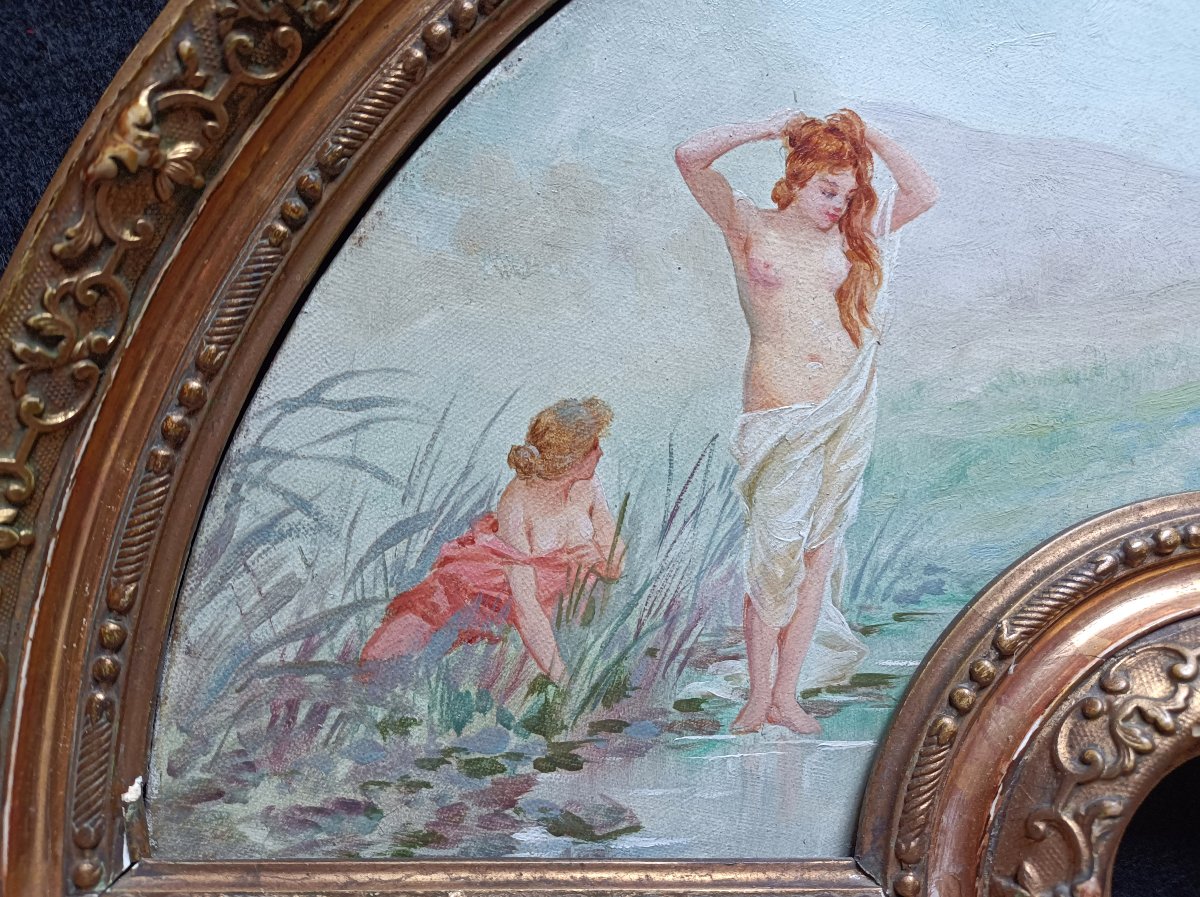 Fan-shaped Painting By Jean Ulysse Roy, *baigneuse* — Art Nouveau Period-photo-2