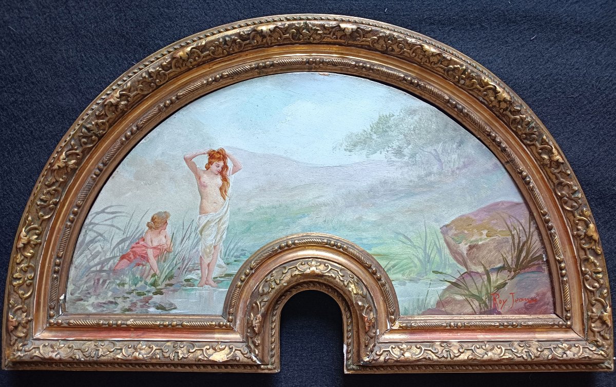 Fan-shaped Painting By Jean Ulysse Roy, *baigneuse* — Art Nouveau Period
