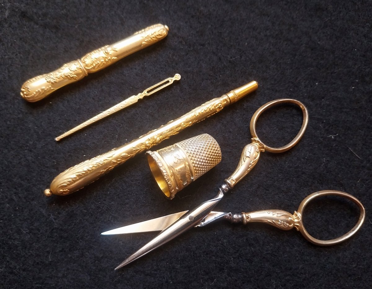 Vermeil And Tortoiseshell Sewing And Embroidery Kit - France, 19th Century-photo-4
