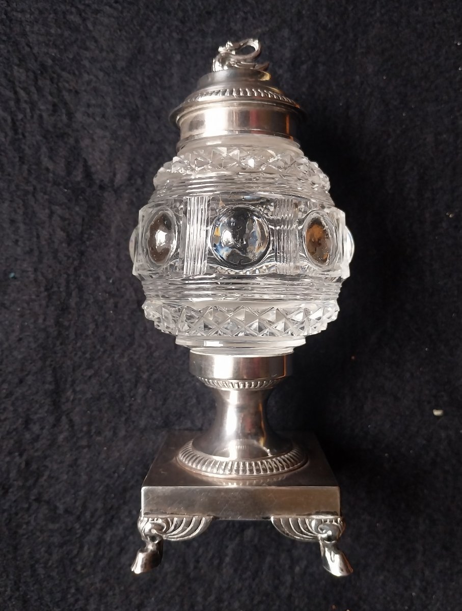 ENCRIER EN CRISTAL ET ARGENT ÉPOQUE RESTAURATION