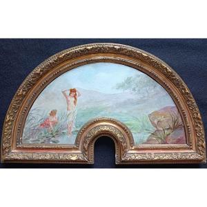 Fan-shaped Painting By Jean Ulysse Roy, *baigneuse* — Art Nouveau Period