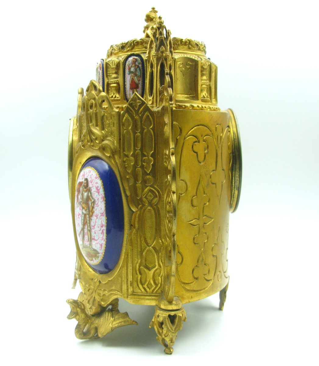 Pendule/coffret à bijoux en bronze doré de style médiéval-romantique français du XIXe siècle-photo-2