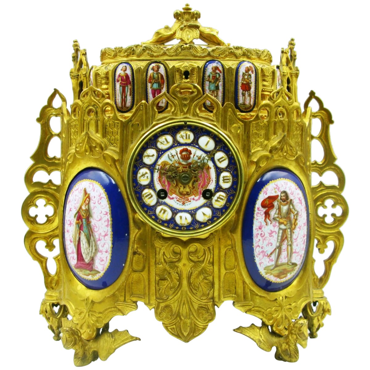 Pendule/coffret à bijoux en bronze doré de style médiéval-romantique français du XIXe siècle