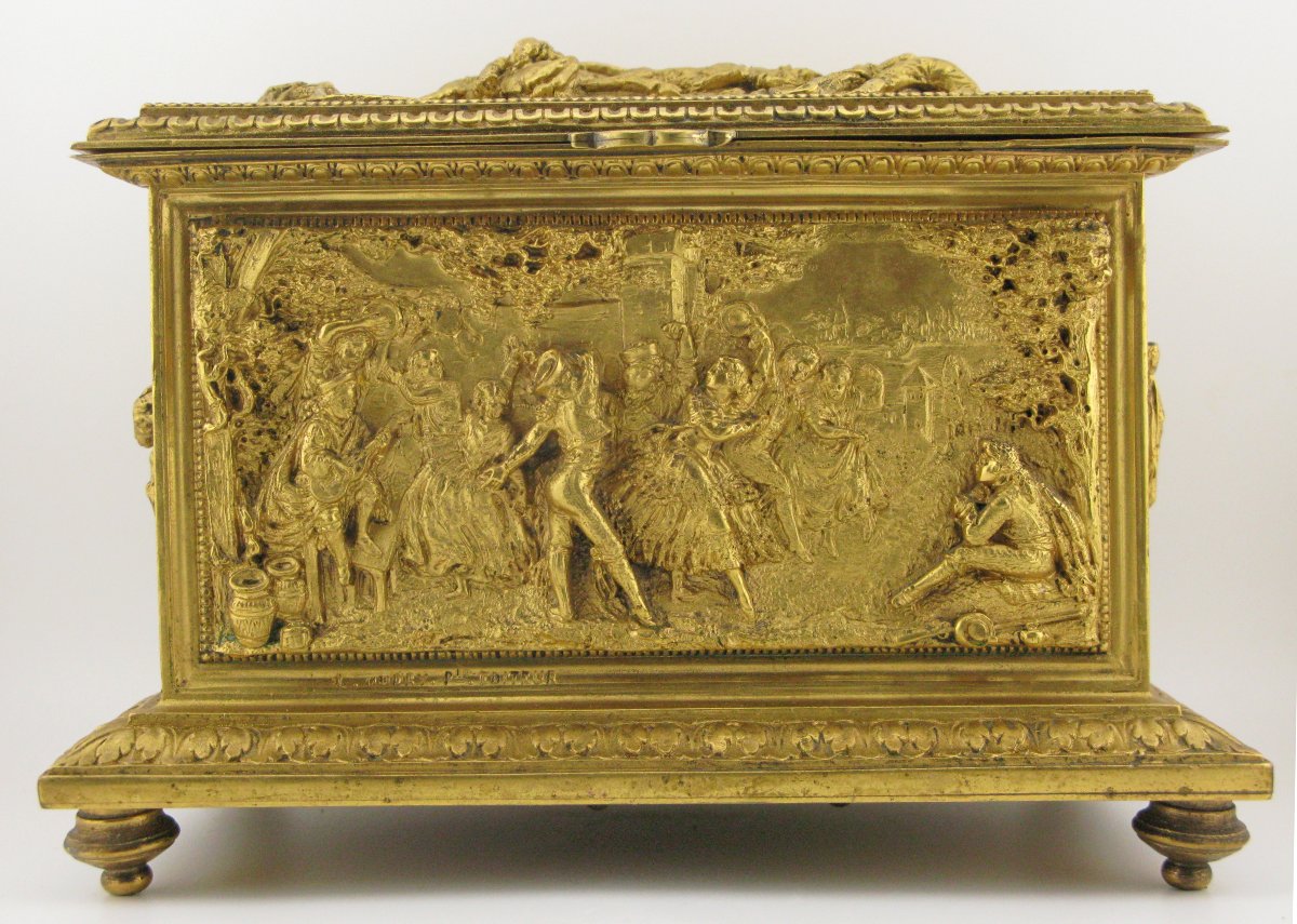 Coffret à bijoux en laiton doré, boîte à musique française du XIXe siècle, par Léopold Oudry-photo-3