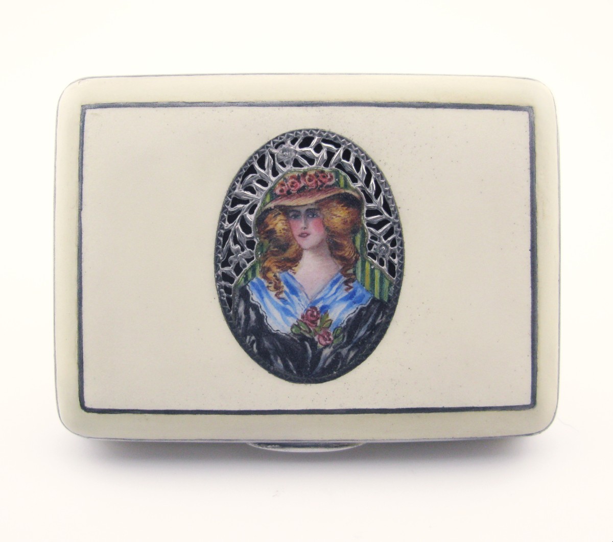 Early 20th Century Pomander/vinaigrette Box,sterling Silver, Cream Hardstone, And Enamel