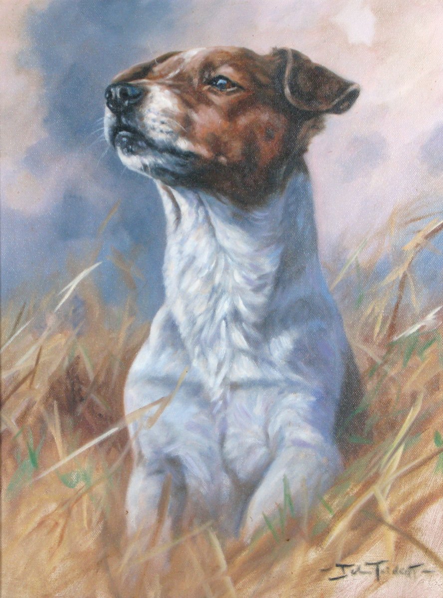 John Trickett (british Born 1953) Portrait Of A Terrier Dog Oil On Canvas-photo-2