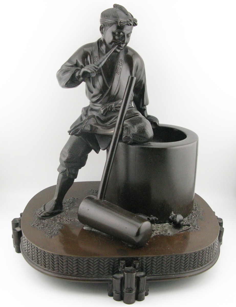 Sculpture de groupe okimono en bronze japonais Meiji d'un fabricant de riz mochi