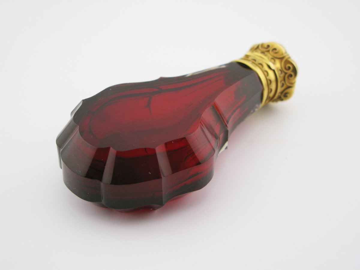 Ruby-cut Glass Perfume Bottle, Mounted On 22-carat Gold, 19th Century-photo-4