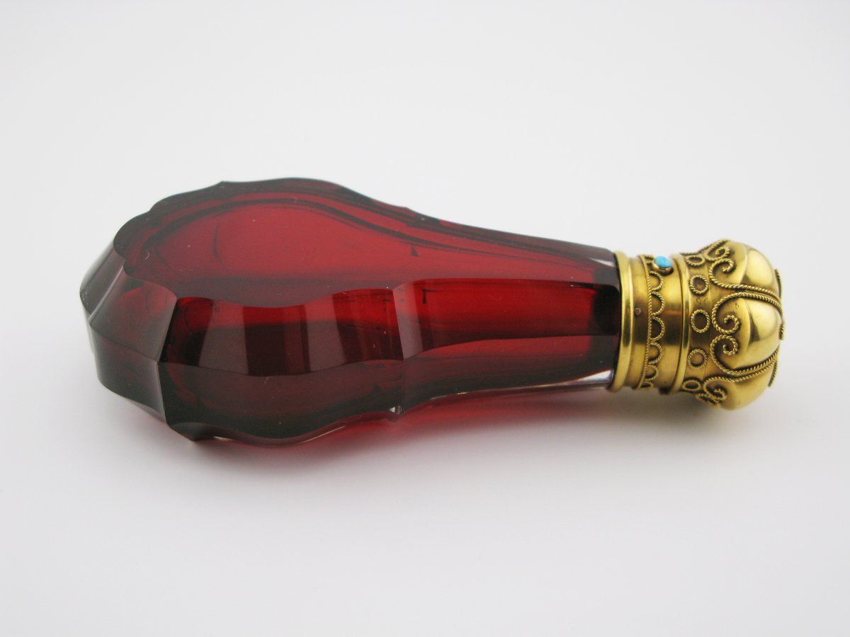 Ruby-cut Glass Perfume Bottle, Mounted On 22-carat Gold, 19th Century-photo-5