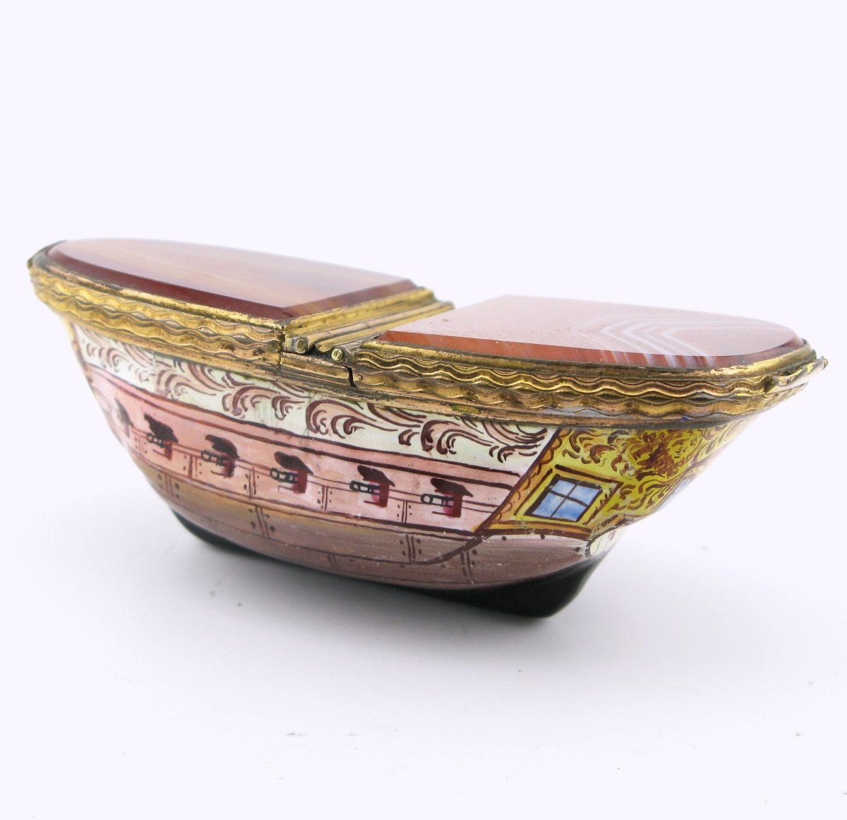 18th-century South Staffordshire Bilston Enamel Agate Double Snuff Box Ship-photo-3
