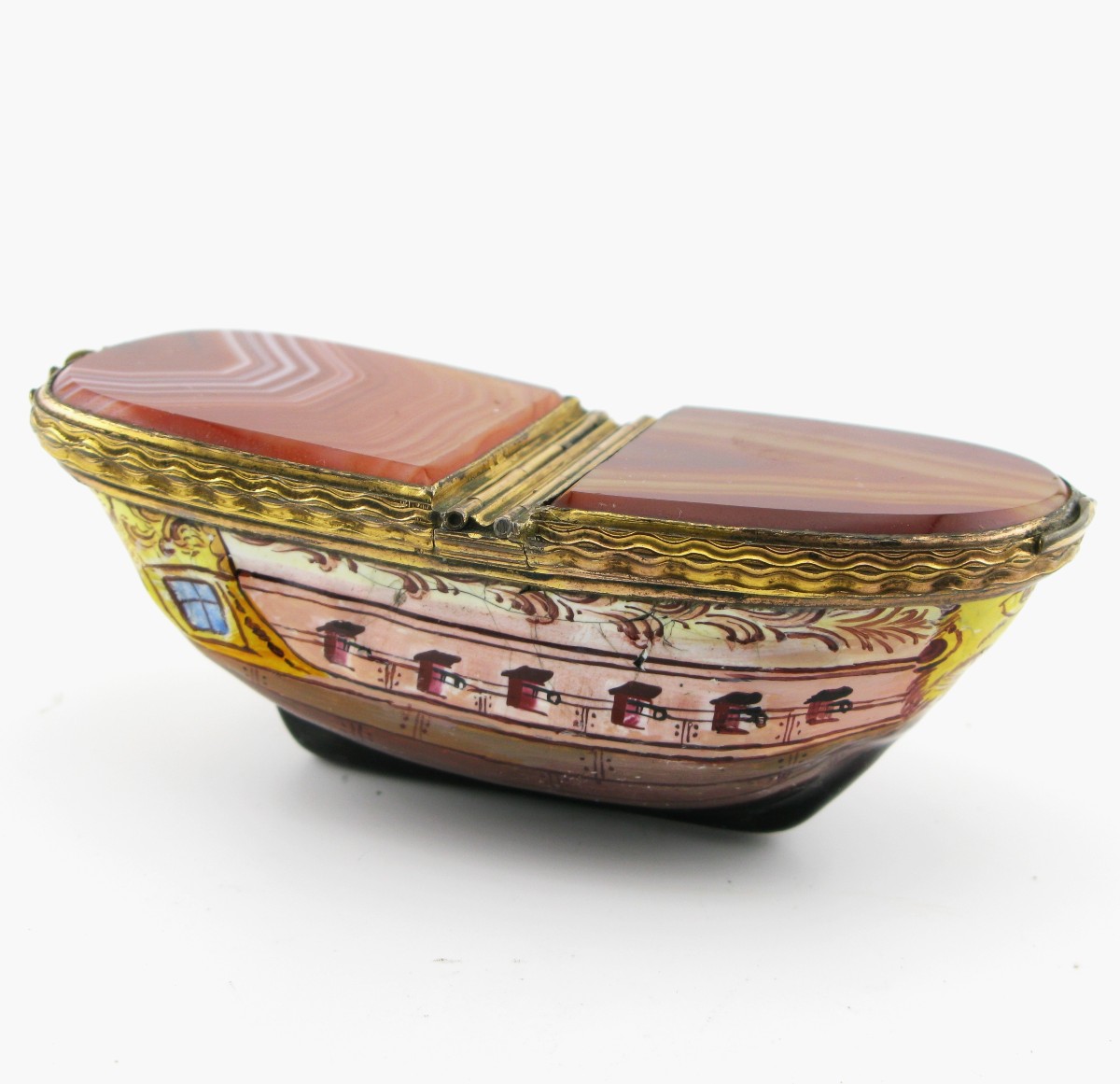 18th-century South Staffordshire Bilston Enamel Agate Double Snuff Box Ship