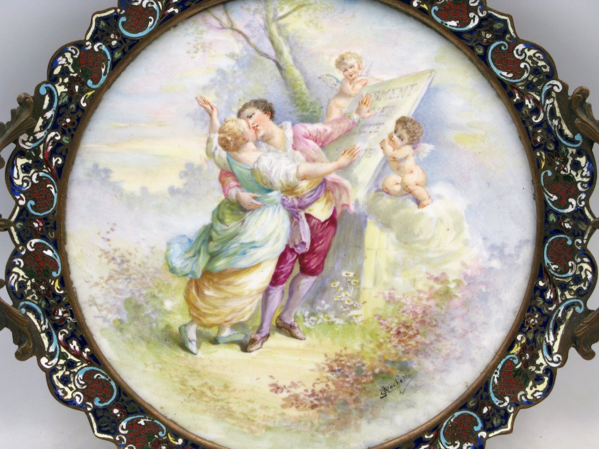 Plateau en porcelaine, bronze et émail champlevé du XIXe siècle C. Rochette-photo-2