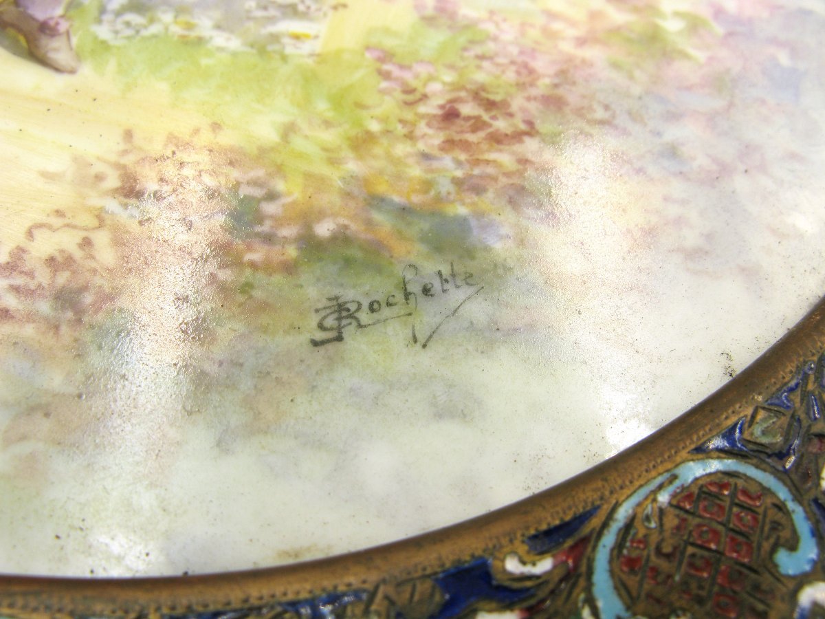 Plateau en porcelaine, bronze et émail champlevé du XIXe siècle C. Rochette-photo-3