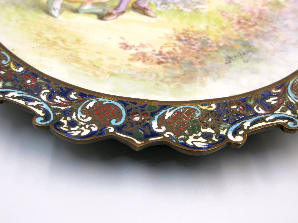 Plateau en porcelaine, bronze et émail champlevé du XIXe siècle C. Rochette-photo-2