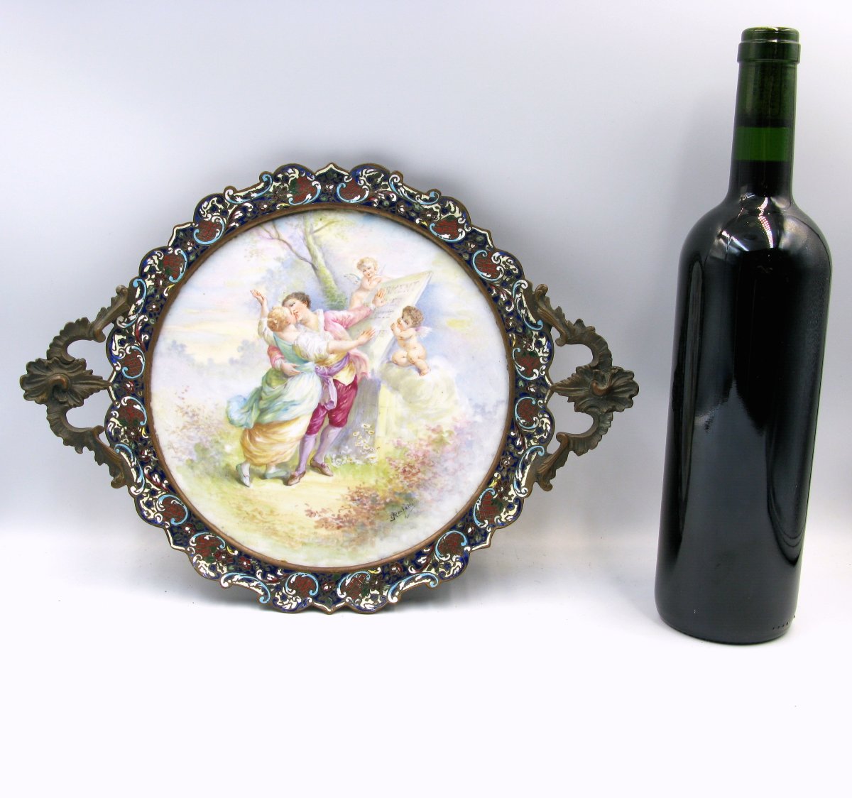 Plateau en porcelaine, bronze et émail champlevé du XIXe siècle C. Rochette-photo-4