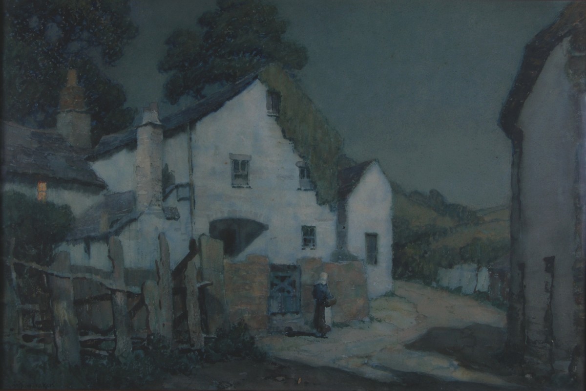 Albert Moulton Foweraker (british 1873-1942) Cottages In Moonlight Watercolour 