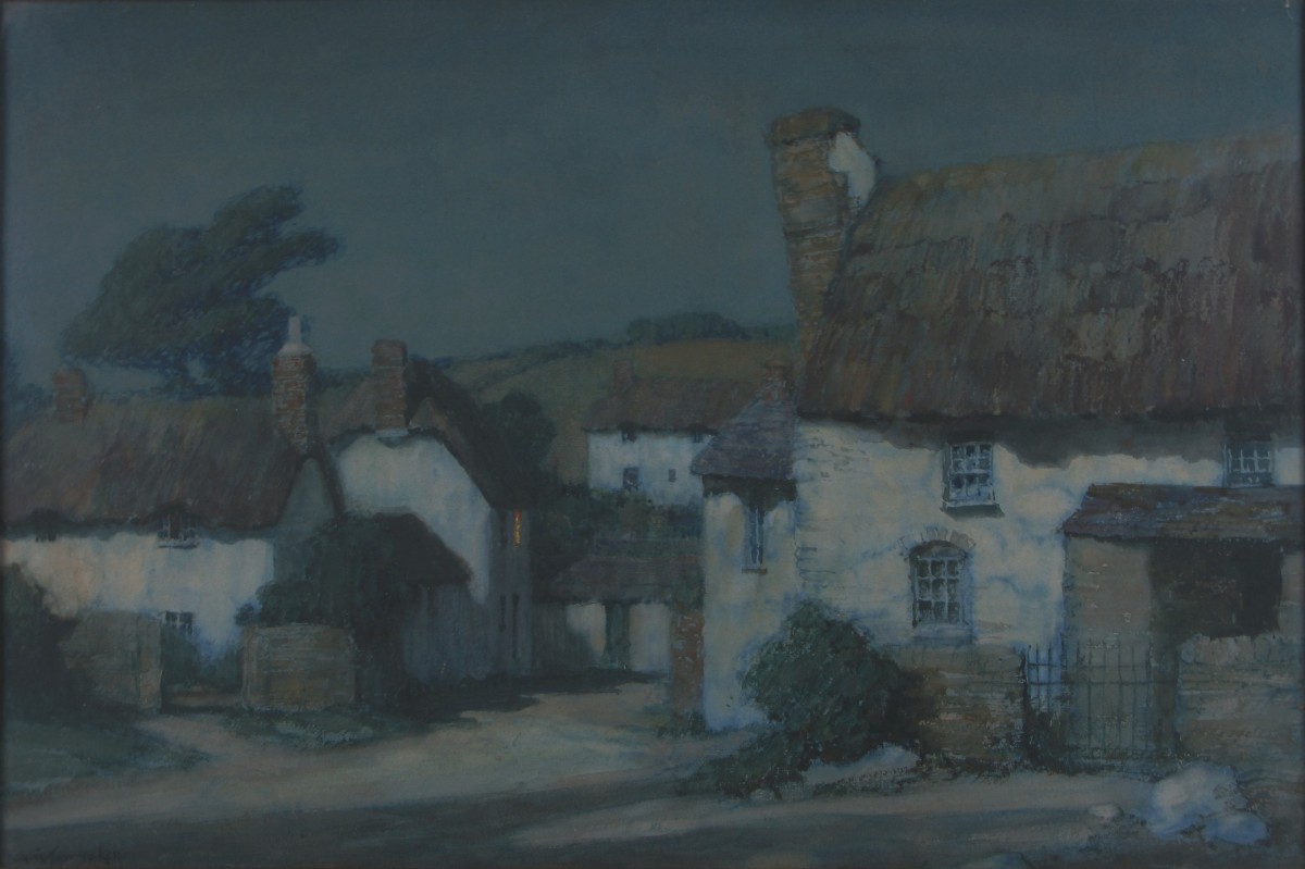 Albert Moulton Foweraker (british 1873-1942) Moonlit Cottages Watercolor