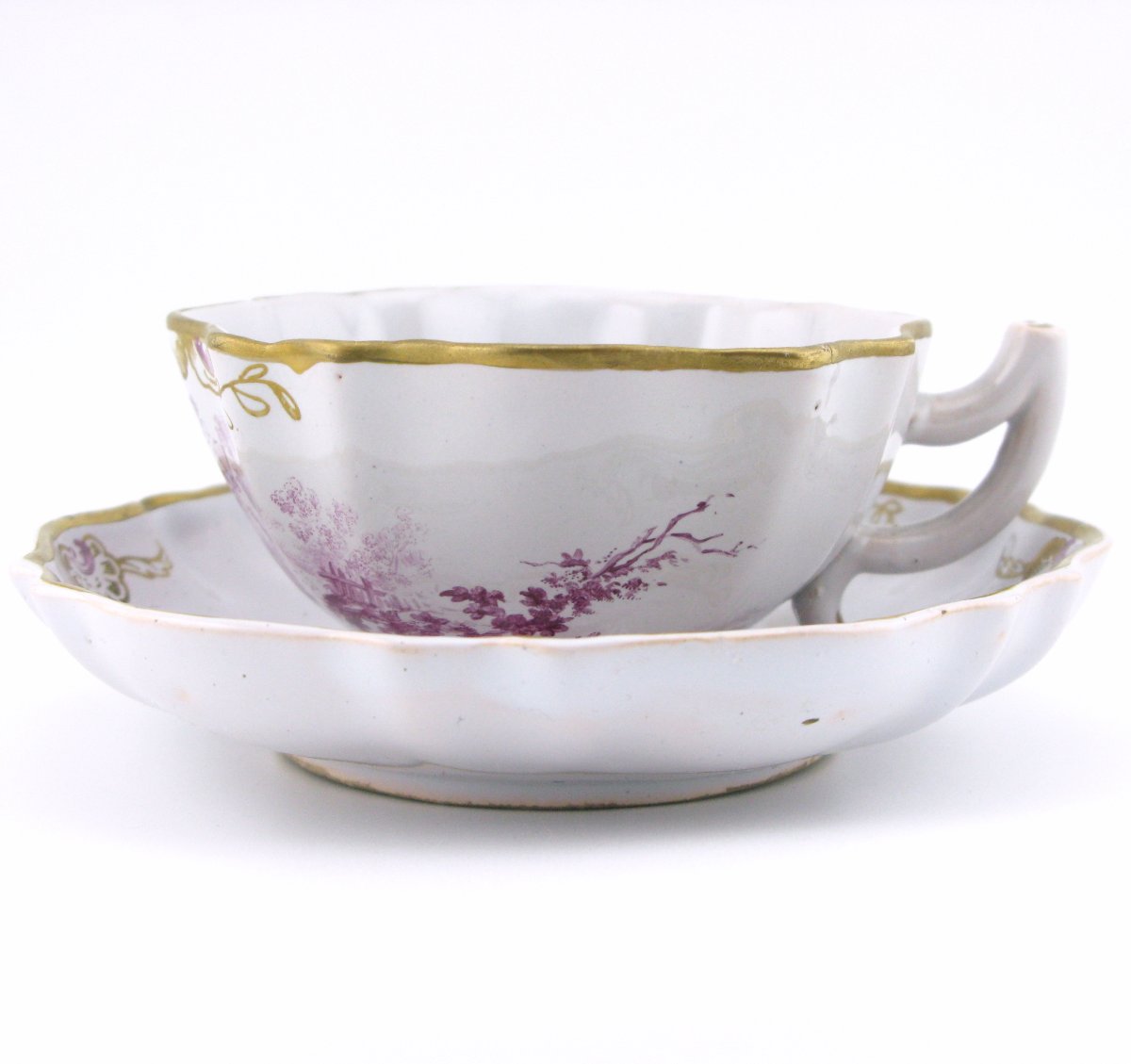 Tasse et soucoupe anciennes en faïence continentale, décor de style Meissen-photo-3