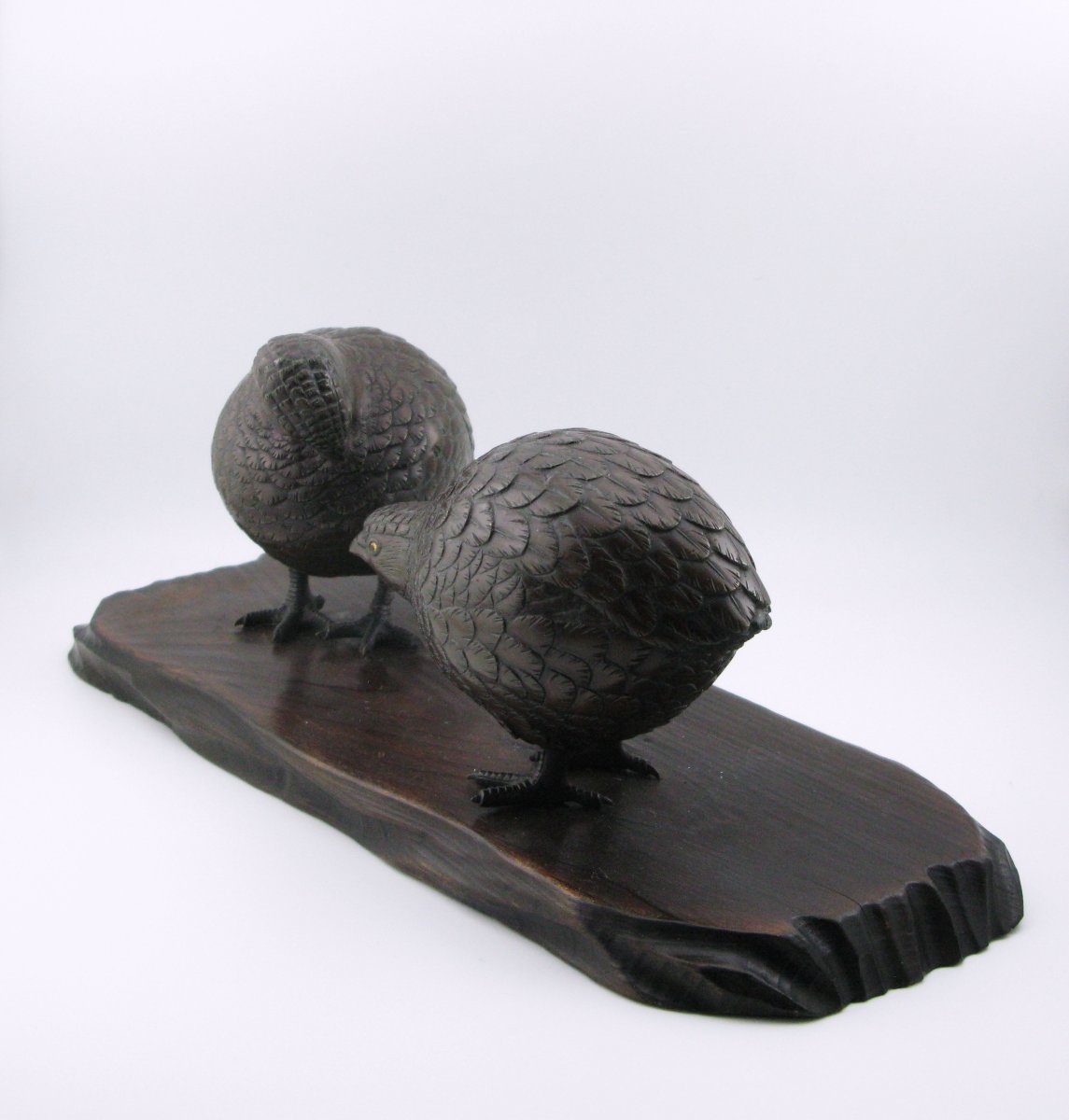 Pair Of Meiji Period Japanese Bronze Quail Attributed To Maruki Co-photo-4