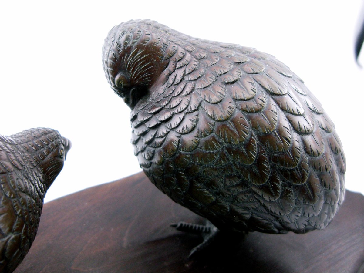 Pair Of Meiji Period Japanese Bronze Quail Attributed To Maruki Co-photo-1