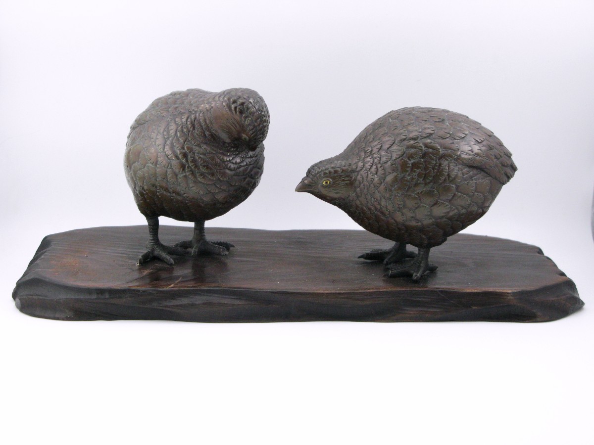 Pair Of Meiji Period Japanese Bronze Quail Attributed To Maruki Co