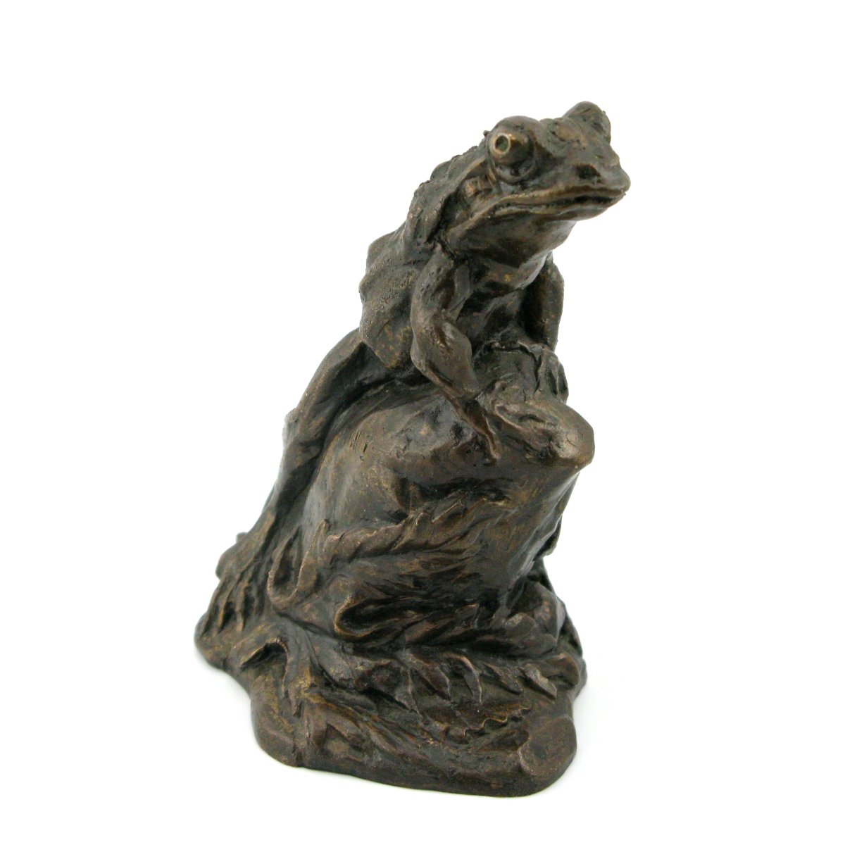 Sculpture en bronze antique d'une grenouille sur un rocher, signée-photo-2