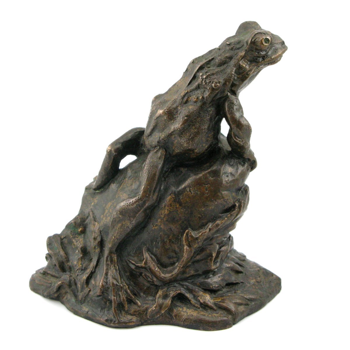 Sculpture en bronze antique d'une grenouille sur un rocher, signée-photo-3