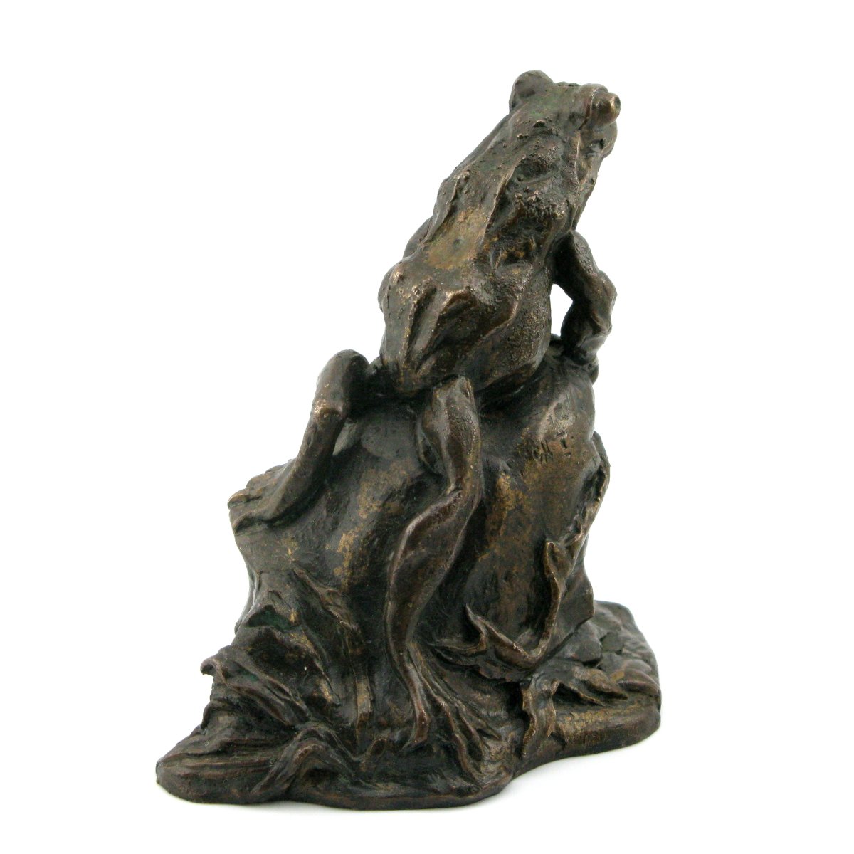 Sculpture en bronze antique d'une grenouille sur un rocher, signée-photo-4