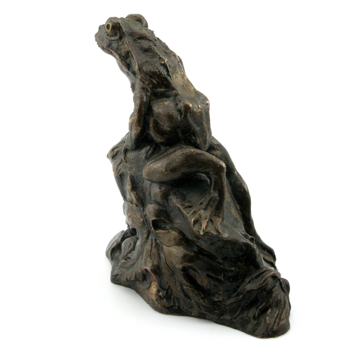 Sculpture en bronze antique d'une grenouille sur un rocher, signée-photo-2
