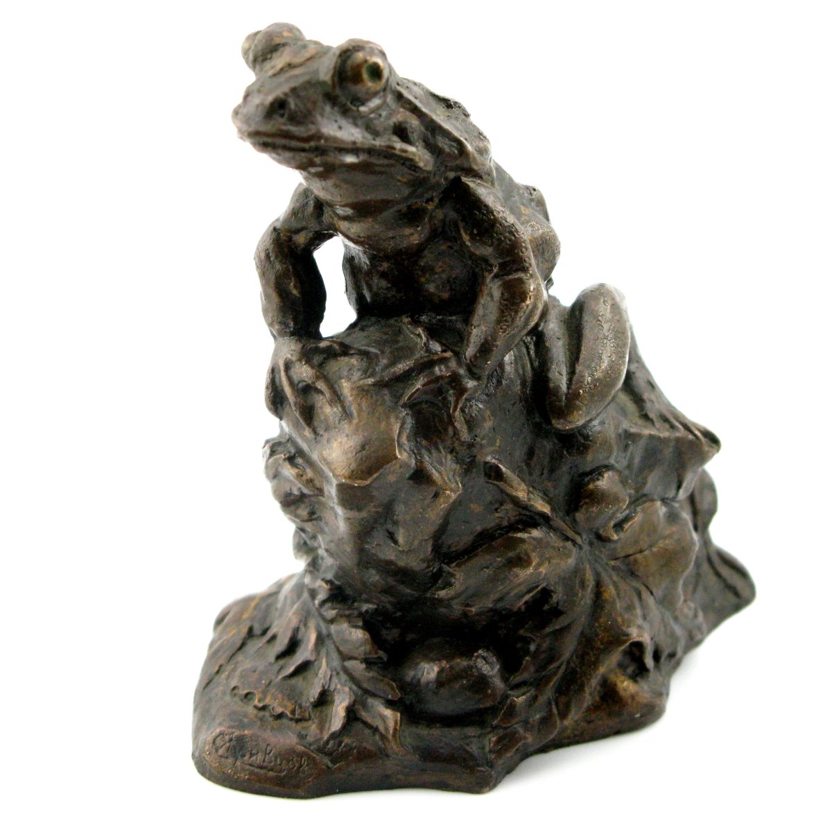 Sculpture en bronze antique d'une grenouille sur un rocher, signée-photo-3