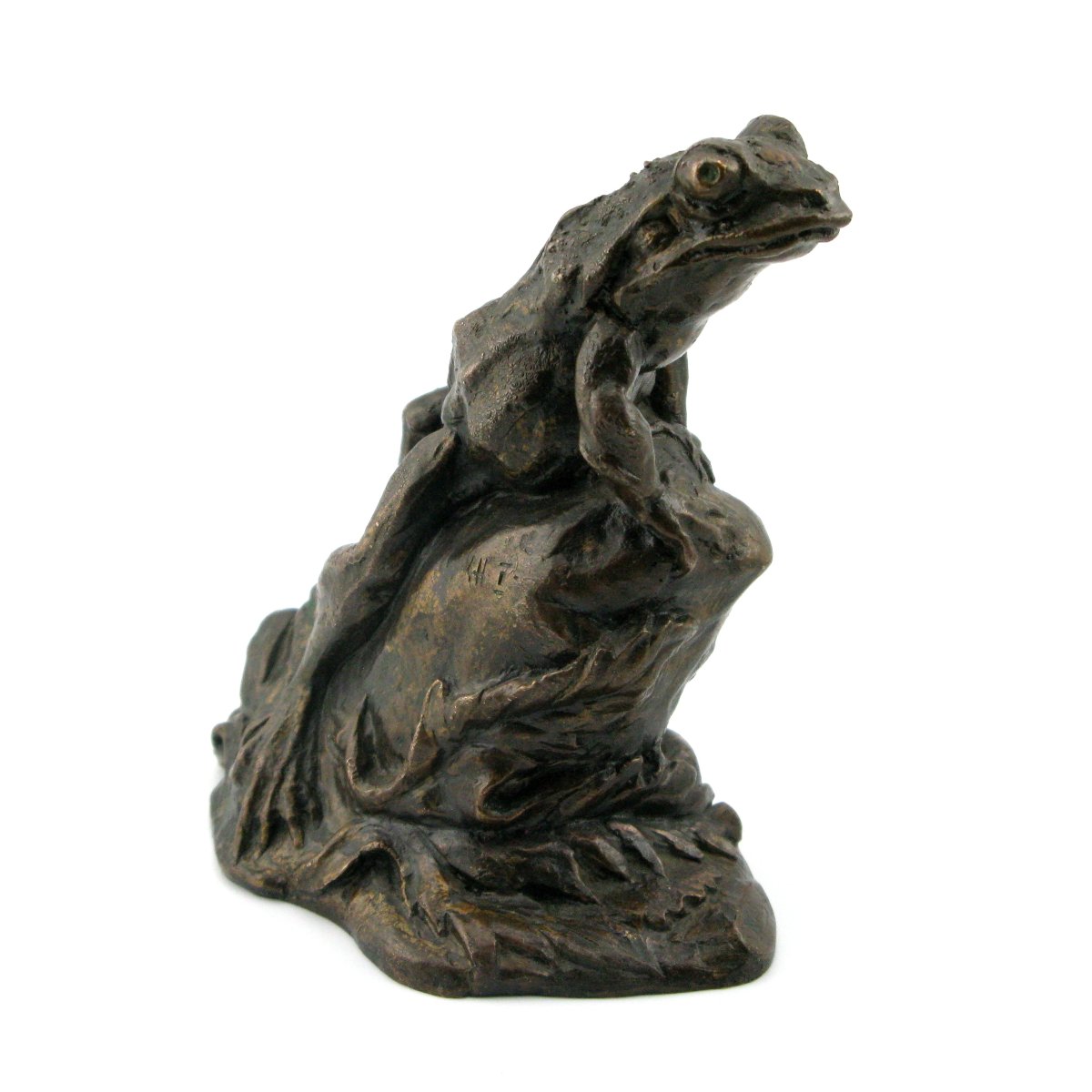 Sculpture en bronze antique d'une grenouille sur un rocher, signée-photo-4