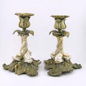 Pair Of 19th-century English Ormolu And Porcelain Candlesticks