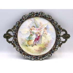 Plateau en porcelaine, bronze et émail champlevé du XIXe siècle C. Rochette