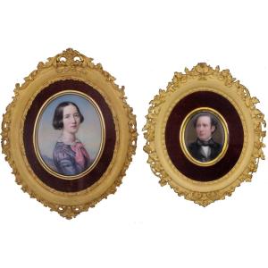 Pair Of Enamel Portrait Miniatures, Ca.1850