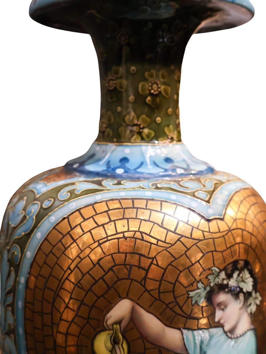 Pair Of Large Art Nouveau Glazed Ceramic Vases, Circa 1900, Signed Catelin-photo-2