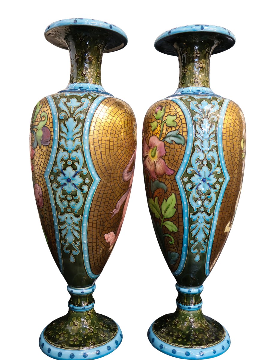 Pair Of Large Art Nouveau Glazed Ceramic Vases, Circa 1900, Signed Catelin-photo-3