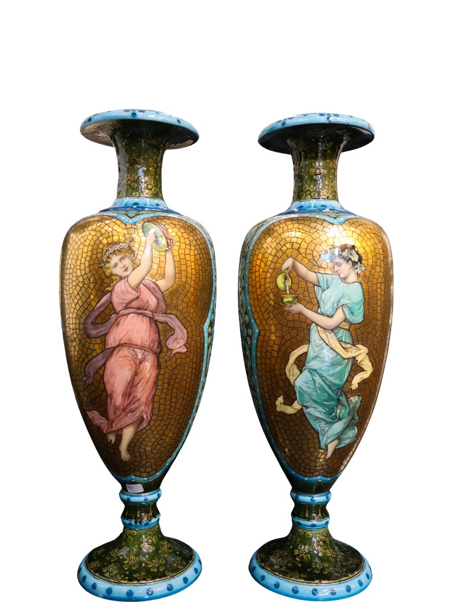 Pair Of Large Art Nouveau Glazed Ceramic Vases, Circa 1900, Signed Catelin-photo-4