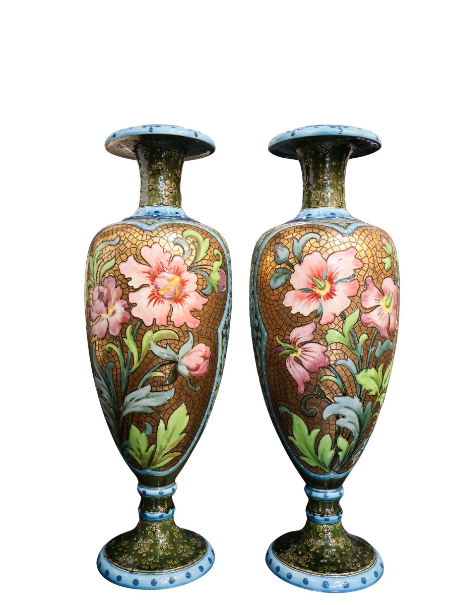 Pair Of Large Art Nouveau Glazed Ceramic Vases, Circa 1900, Signed Catelin