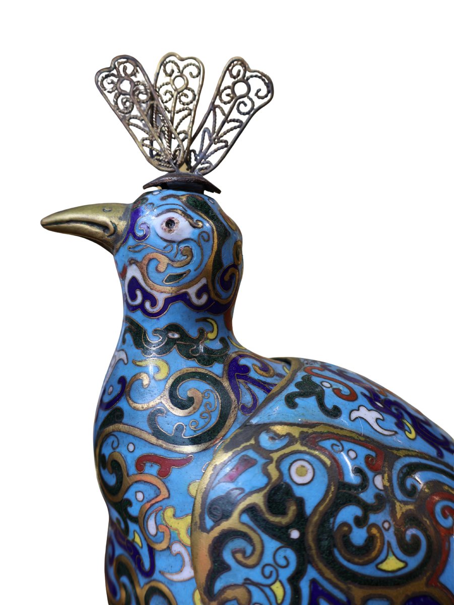 Brûle-parfum - Pair d'oiseaux Fenghuang en bronze cloisonné chinois sur socles de bois sculpté-photo-2