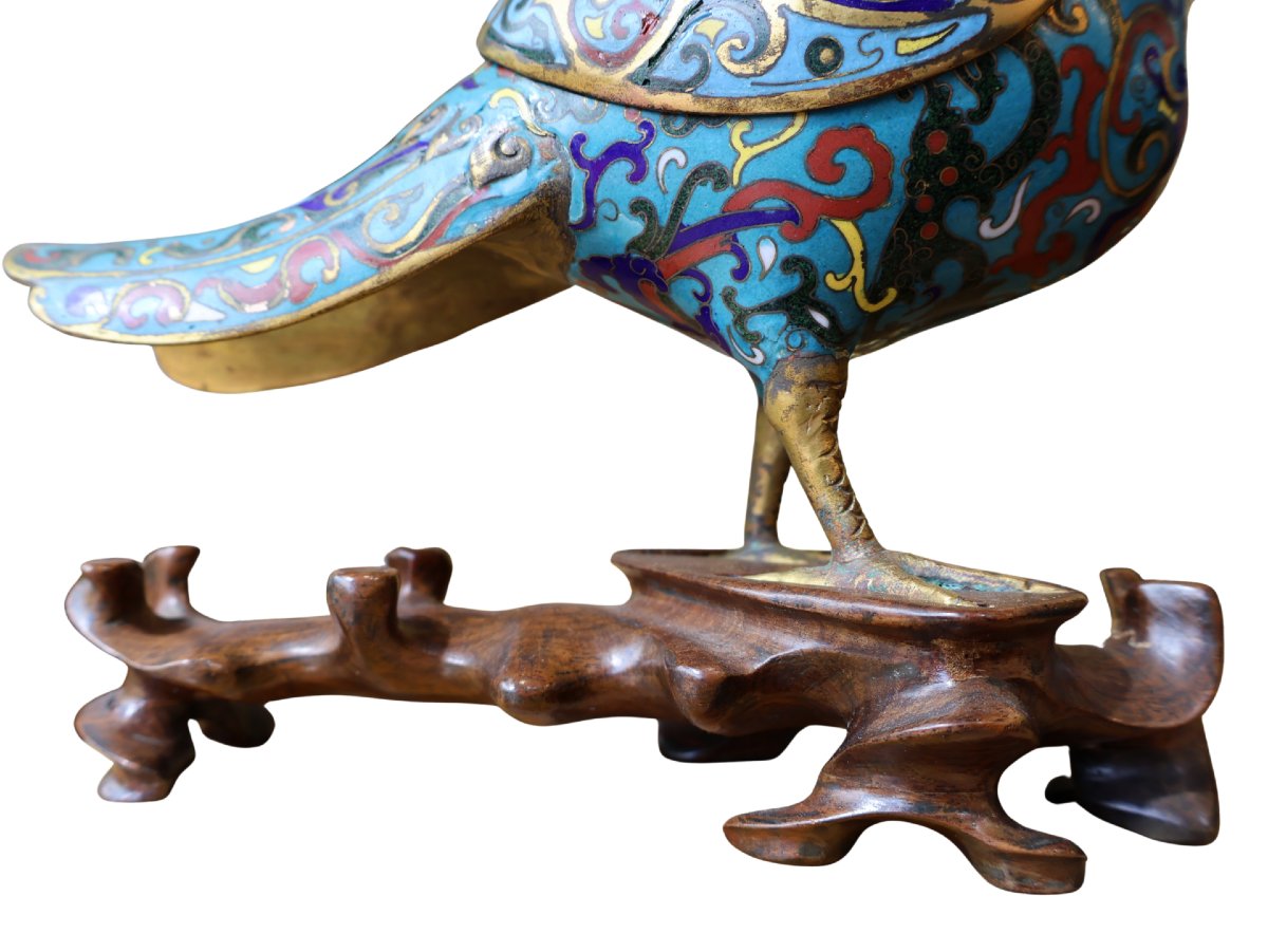Brûle-parfum - Pair d'oiseaux Fenghuang en bronze cloisonné chinois sur socles de bois sculpté-photo-3