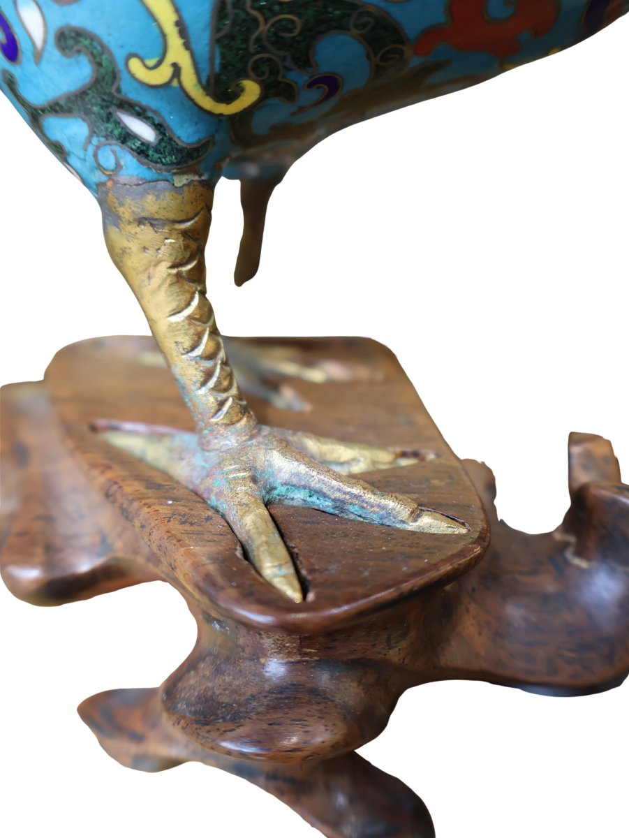 Brûle-parfum - Pair d'oiseaux Fenghuang en bronze cloisonné chinois sur socles de bois sculpté-photo-4