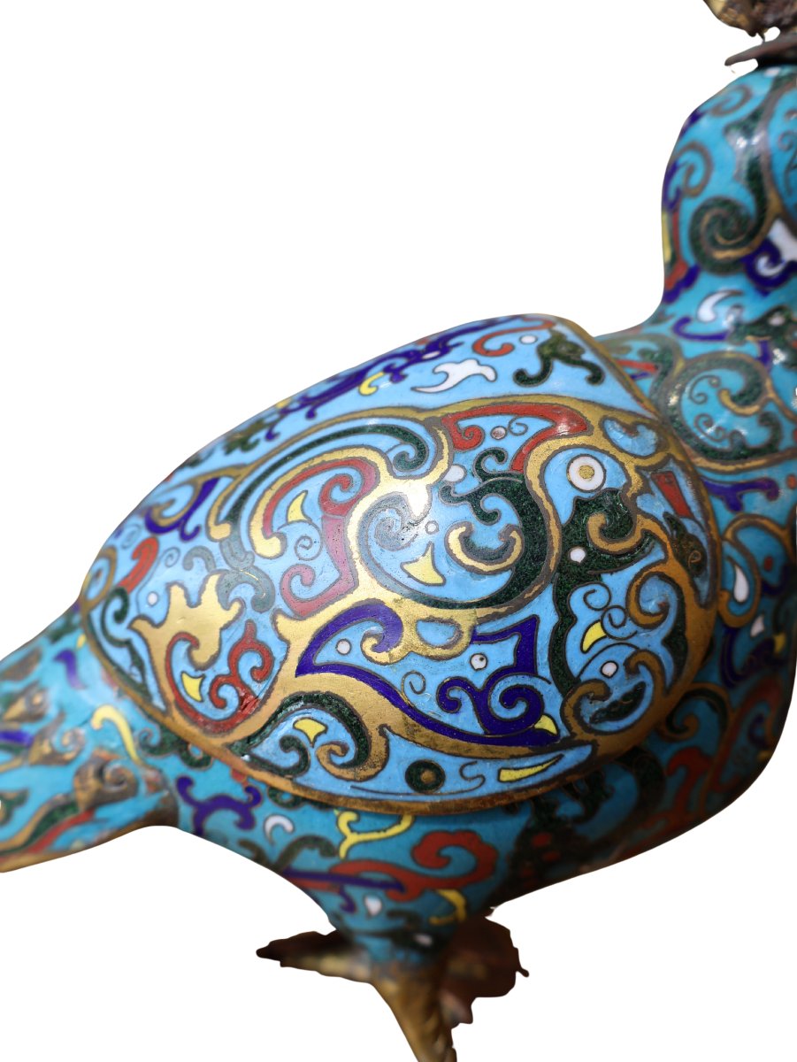 Brûle-parfum - Pair d'oiseaux Fenghuang en bronze cloisonné chinois sur socles de bois sculpté-photo-1