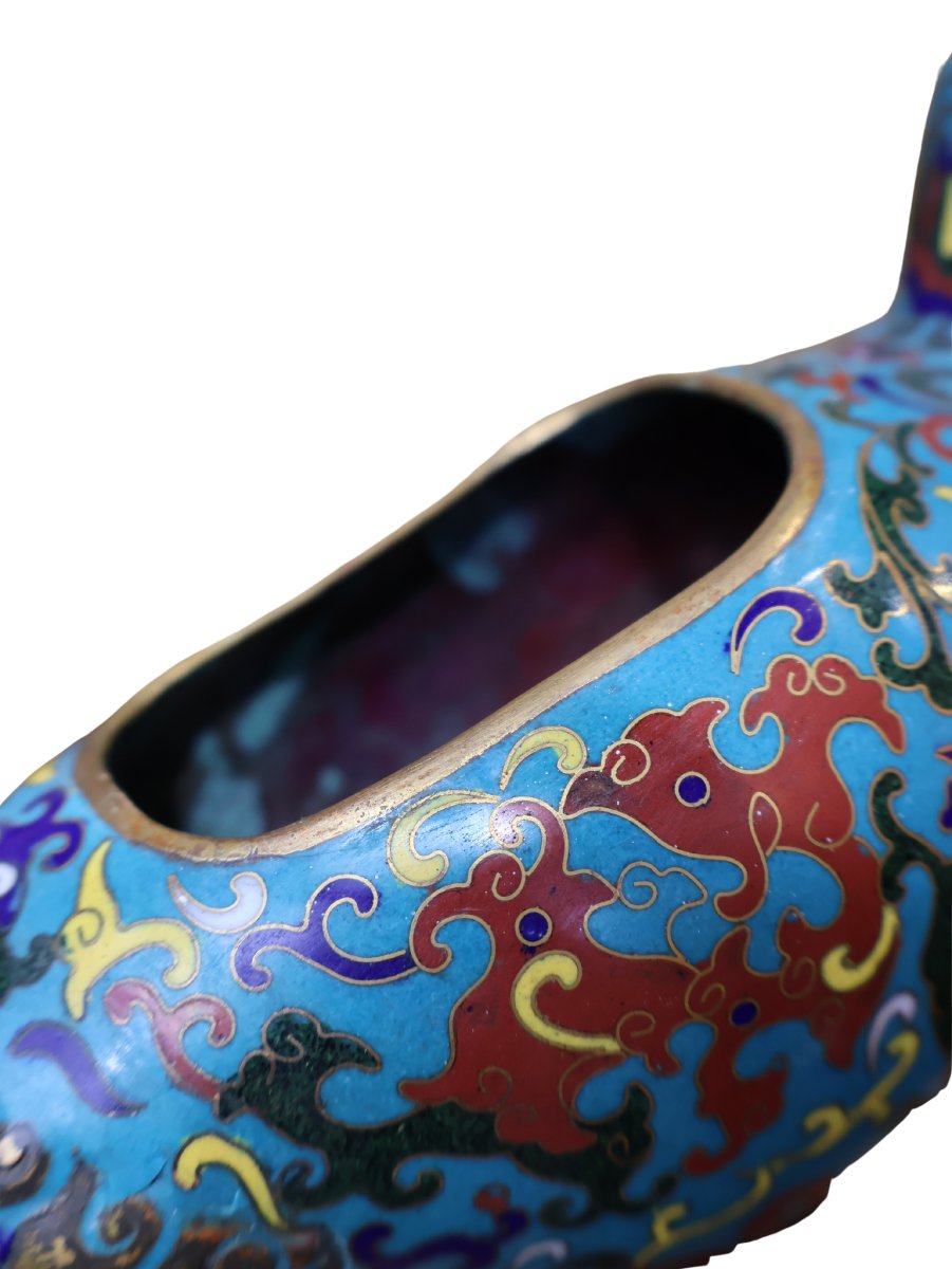 Brûle-parfum - Pair d'oiseaux Fenghuang en bronze cloisonné chinois sur socles de bois sculpté-photo-2