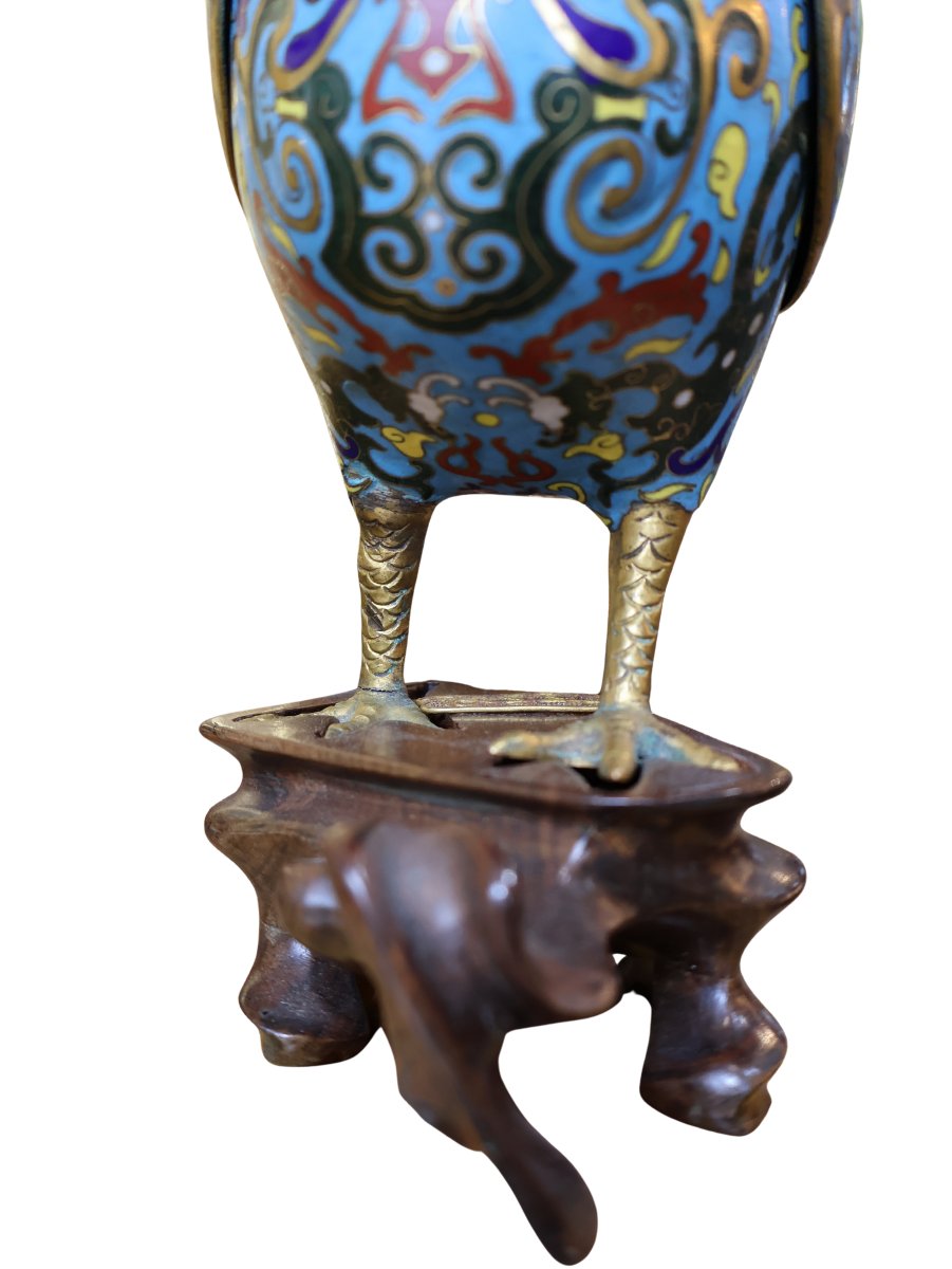 Brûle-parfum - Pair d'oiseaux Fenghuang en bronze cloisonné chinois sur socles de bois sculpté-photo-3