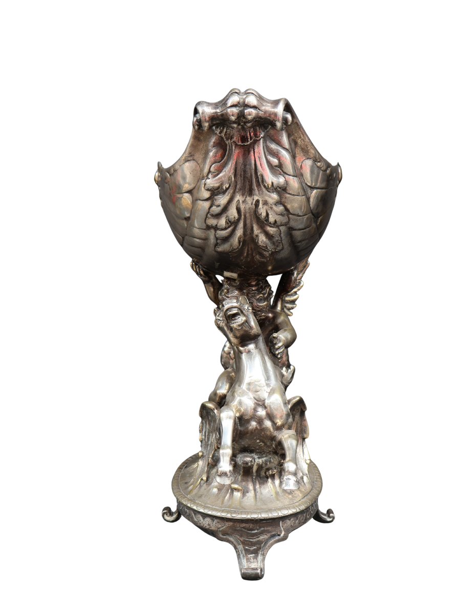 Coupe de centre de table en bronze argenté à décor mythologique, époque Napoléon III-photo-3