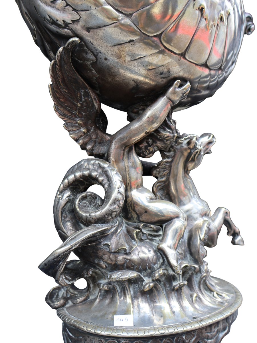 Coupe de centre de table en bronze argenté à décor mythologique, époque Napoléon III-photo-1