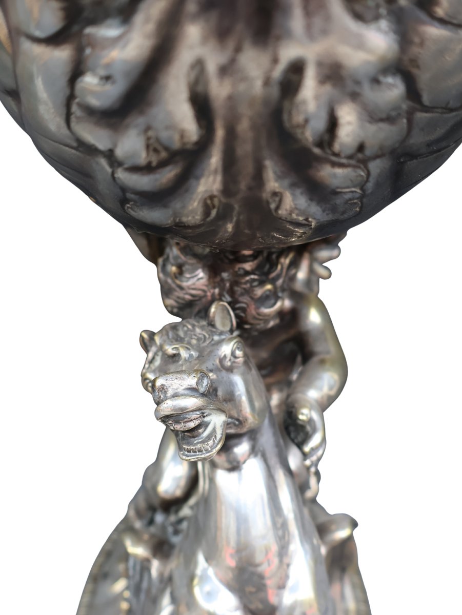 Coupe de centre de table en bronze argenté à décor mythologique, époque Napoléon III-photo-4