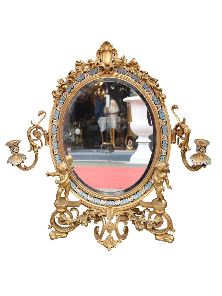 Miroir Napoléon III en bronze doré et émaux cloisonnés