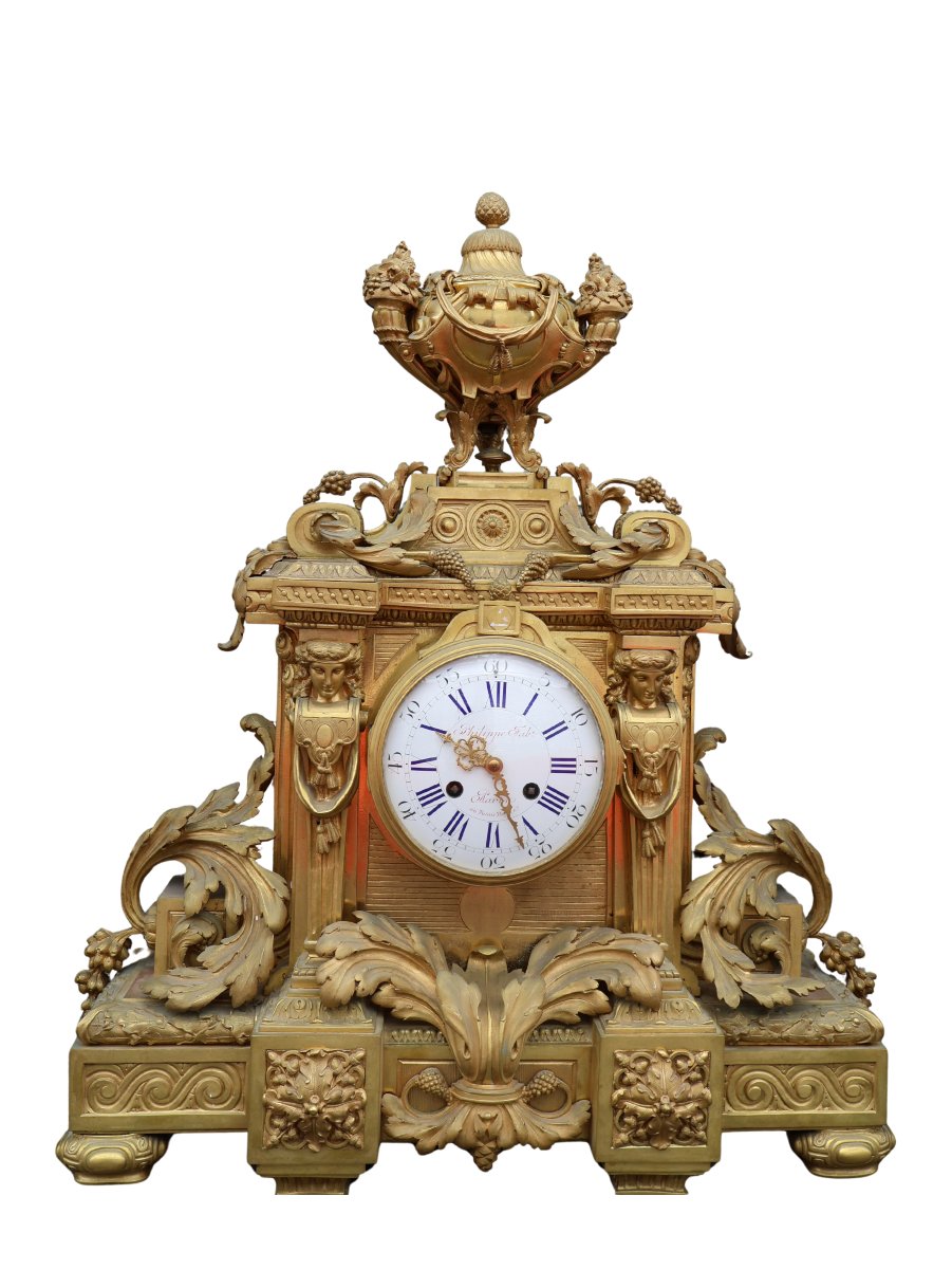 Garniture de cheminée en bronze doré : pendule et sa paire de candélabres-photo-2