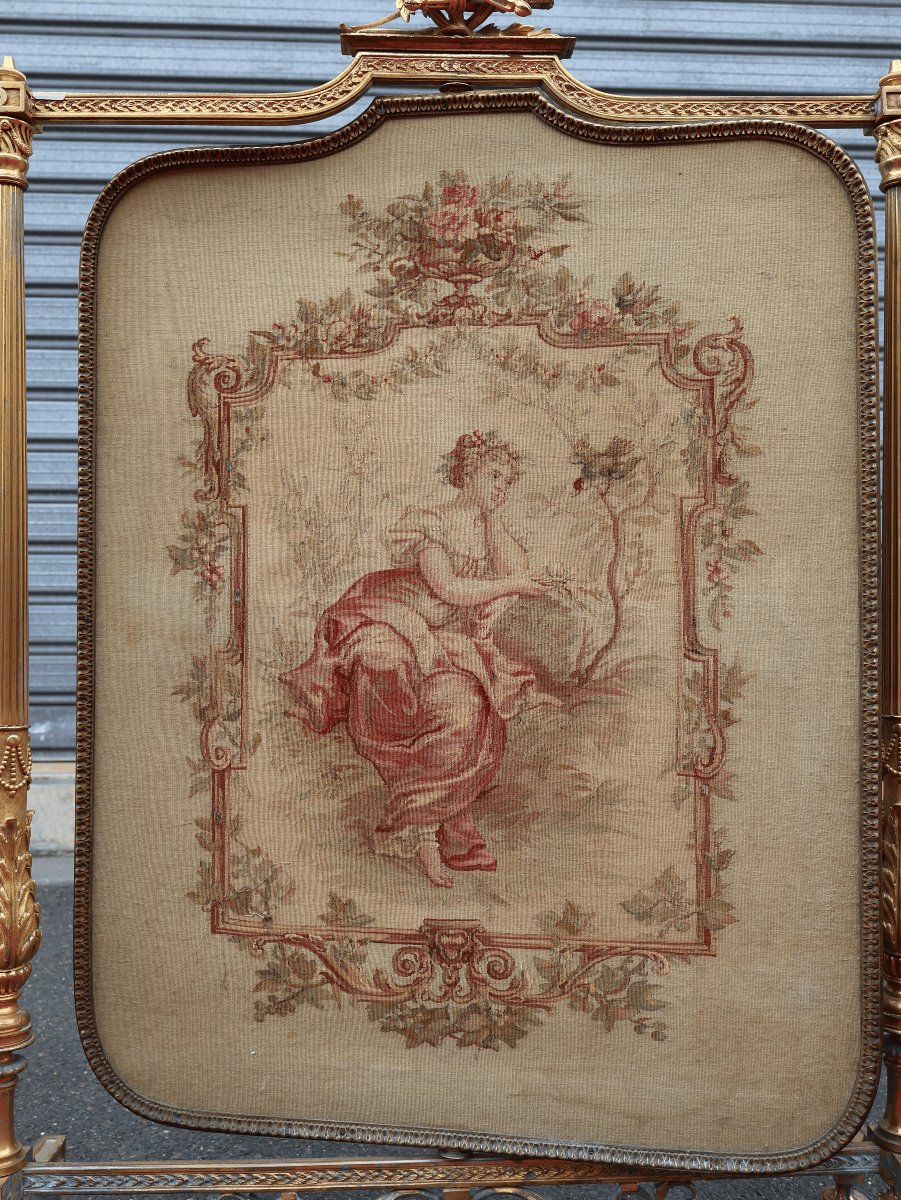 Napoleon III-style Fireplace Screen In Gilded Bronze And Aubusson Tapestry-photo-3
